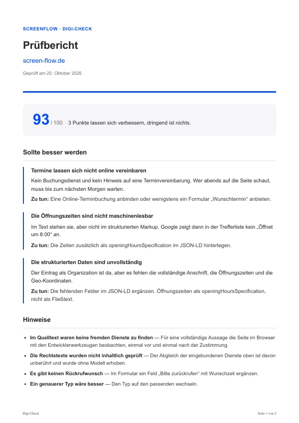 Erste Seite des Prüfberichts für screen-flow.de als PDF: 93 von 100 Punkten, dringend ist nichts. Drei Punkte sollten besser werden: Termine lassen sich nicht online vereinbaren, die Öffnungszeiten sind nicht maschinenlesbar, die strukturierten Daten sind unvollständig. Darunter vier Hinweise.
